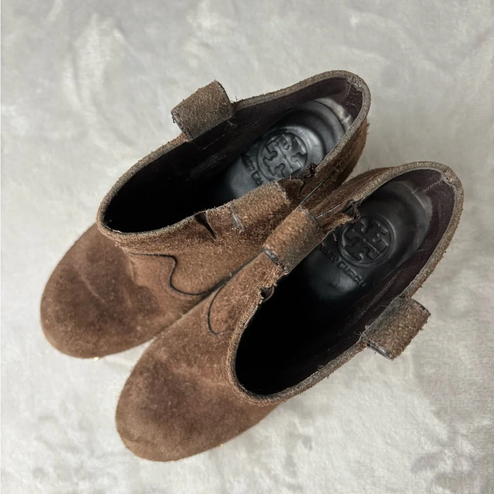 Tory Burch Suede Clog Ankle Boots Brown Wooden Heel Studded‎ Size 6 Women’s